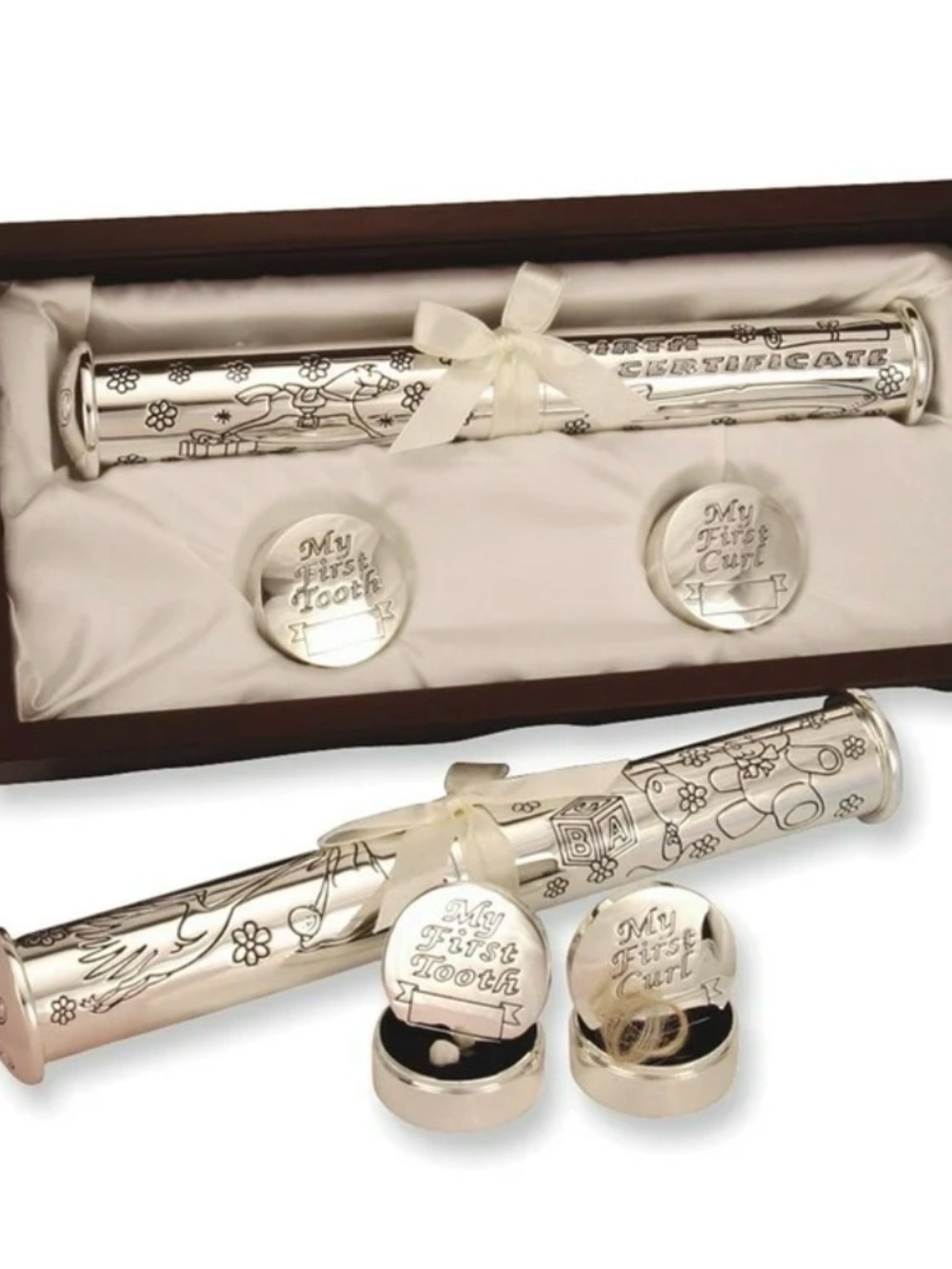 Stephan Baby Silver Baby birth certificate First Tooth & Curl Keepsake Set - NWB